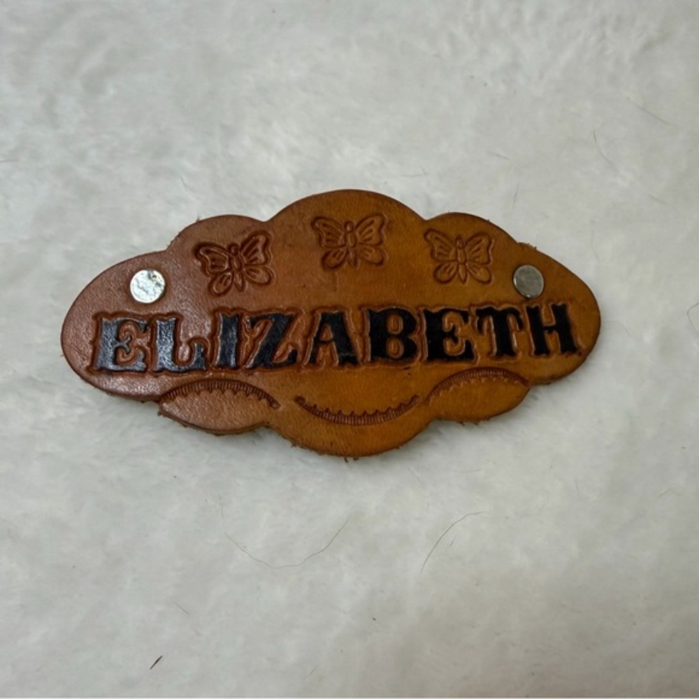 Handmade‎ in Mexico Brown Leather Name Tag with Butterflies ELIZABETH